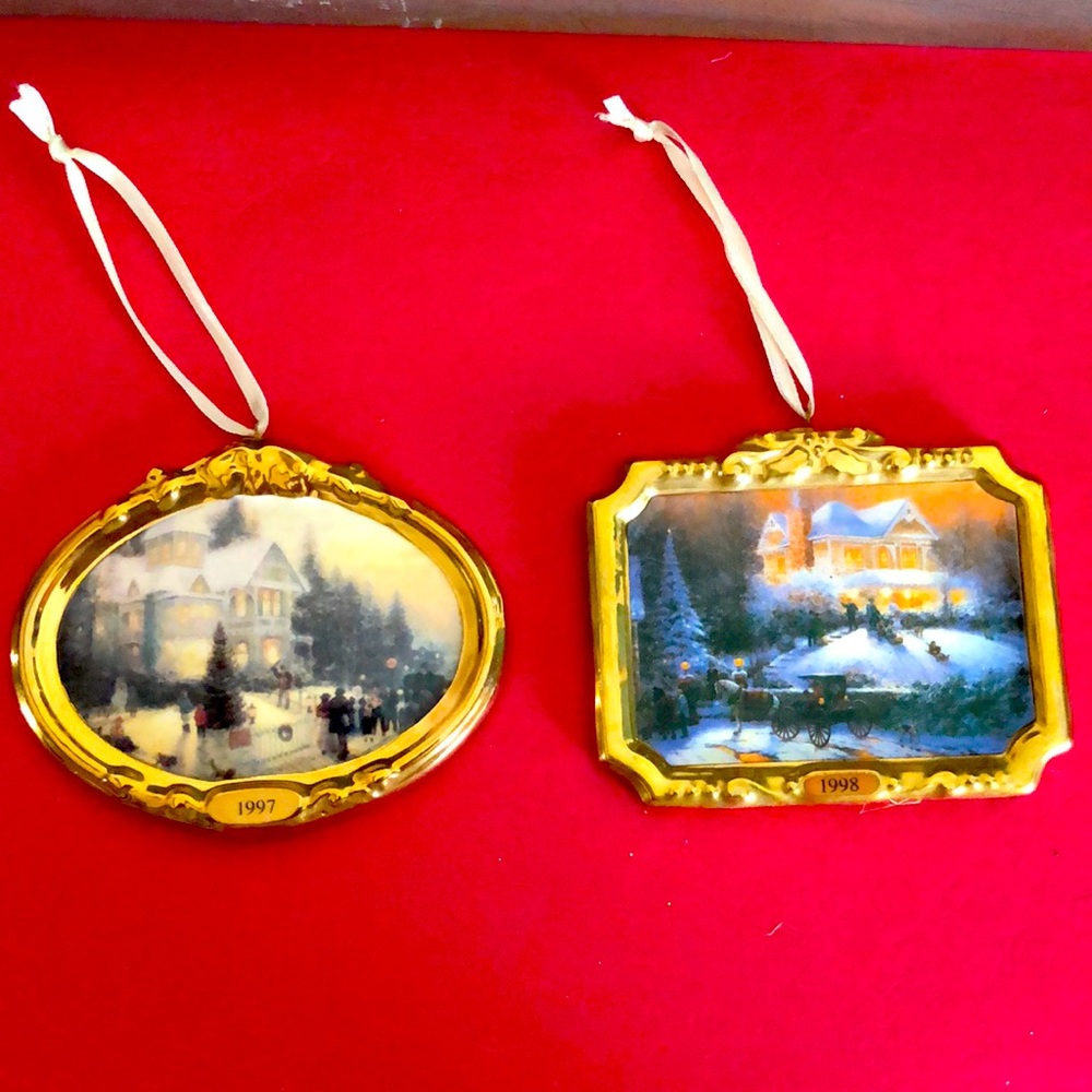 2 Vintage Thomas Kinkade Victorian Christmas ornaments.